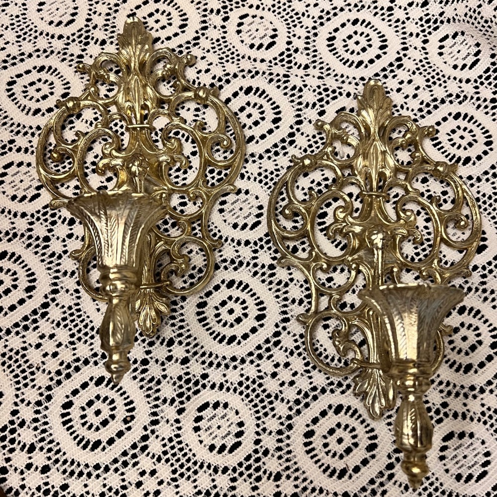 Vintage Hollywood Regency Ornate Gold-Tone Metal Wall Sconces | Cottage